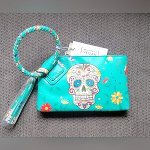 NWT Calin Collection Sugar Skull Day of the Dead Tassel Wristlet Clutch Teal